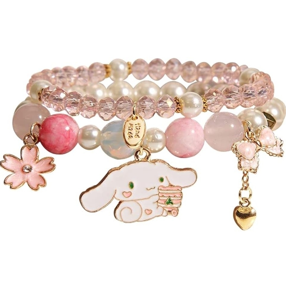 Pink Beaded Bracelet Set with Charms